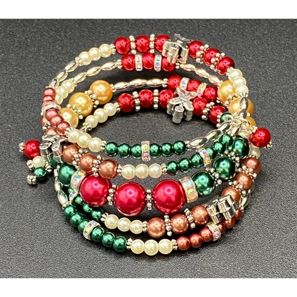 Faux Pearl & Gingerbread Man Multistrand Memory Wire Bracelet by Neanie-Bot - Picture 1 of 5